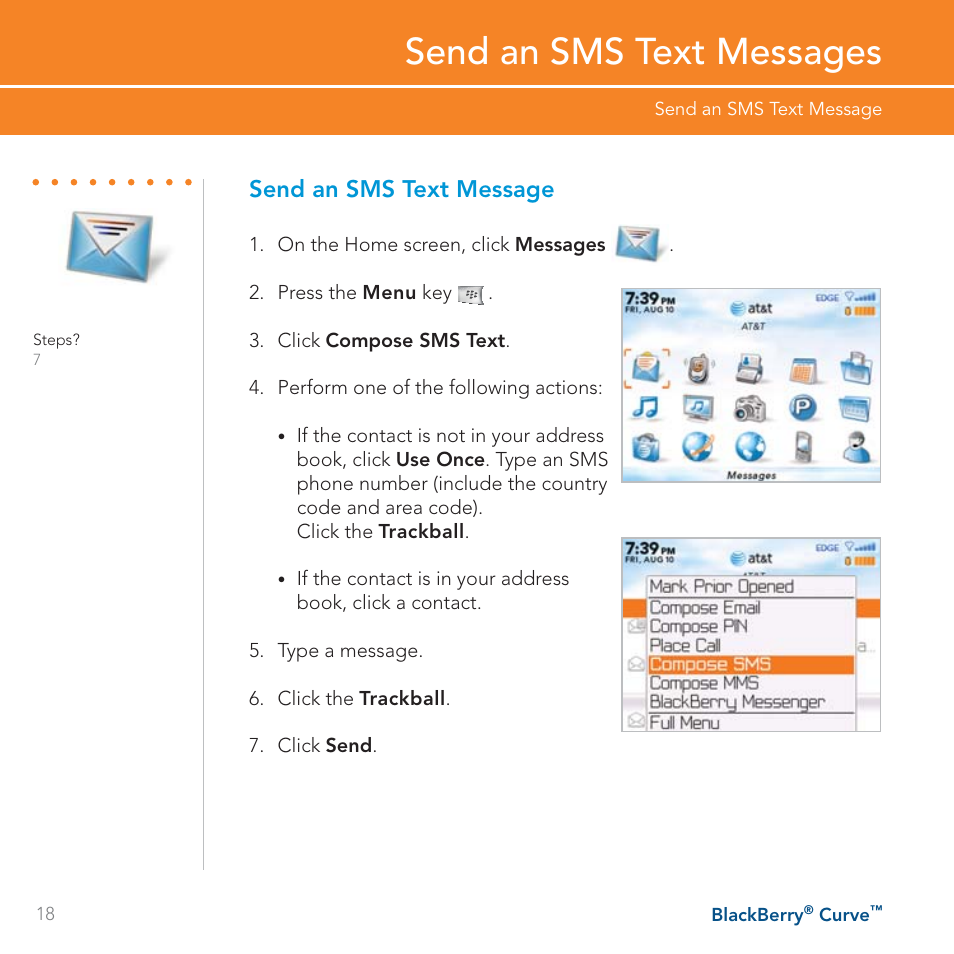 Send an sms text messages, Send an sms text message | Blackberry Curve User Manual | Page 18 / 54