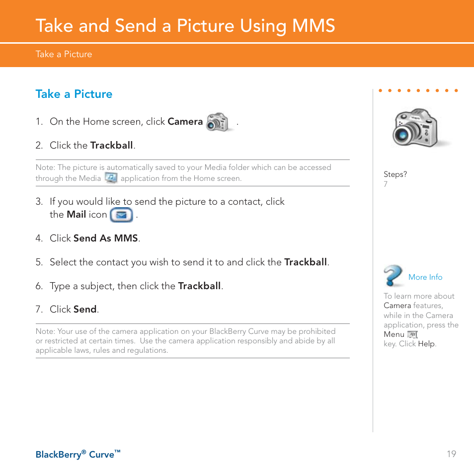 Take and send a picture using mms, Take a picture | Blackberry Curve User Manual | Page 19 / 54