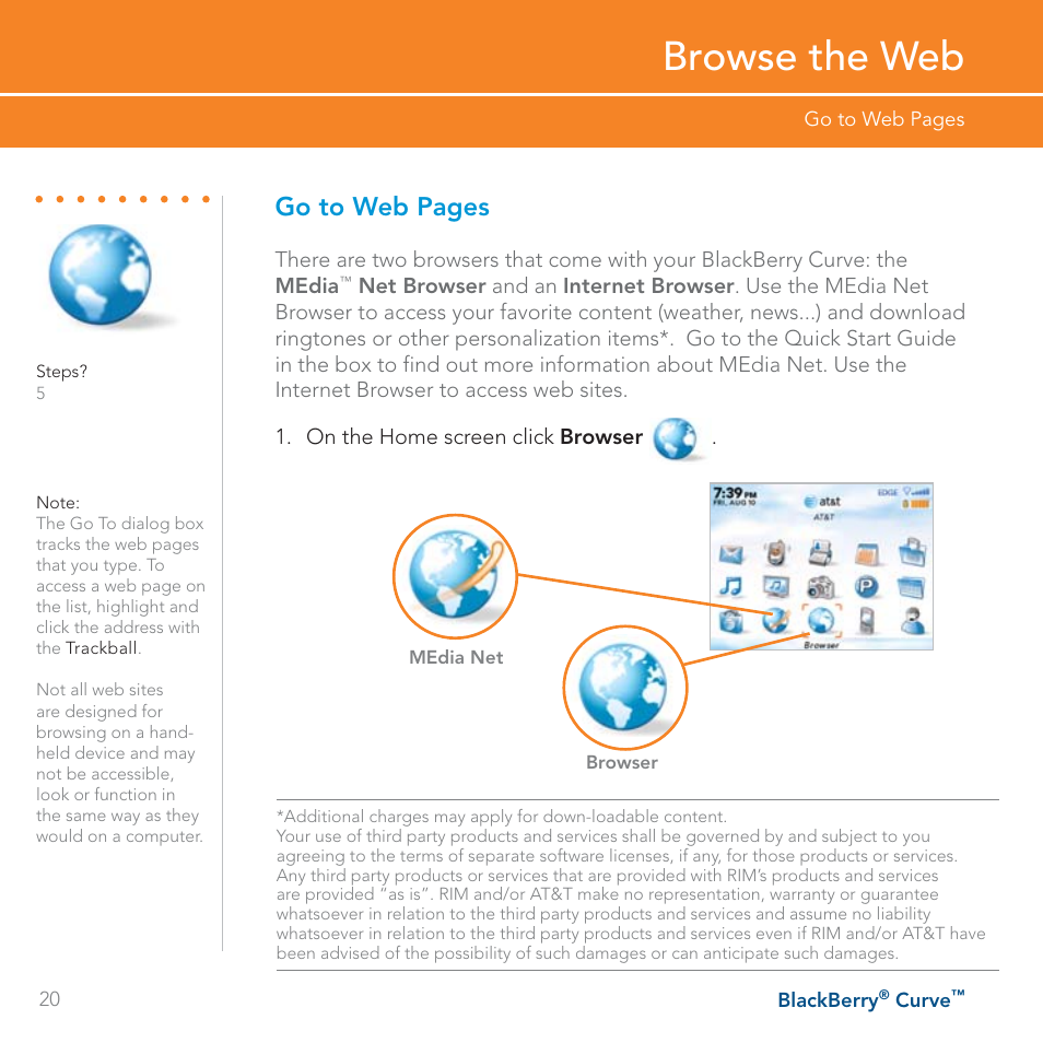 Browse the web, Go to web pages | Blackberry Curve User Manual | Page 20 / 54