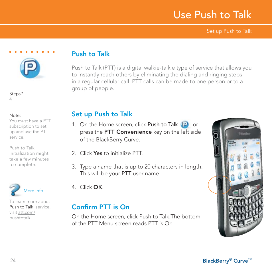 Use push to talk, Push to talk, Set up push to talk | Confirm ptt is on | Blackberry Curve User Manual | Page 24 / 54