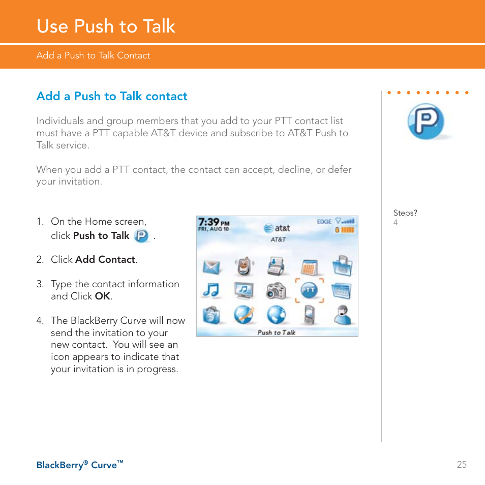 Use push to talk, Add a push to talk contact | Blackberry Curve User Manual | Page 25 / 54