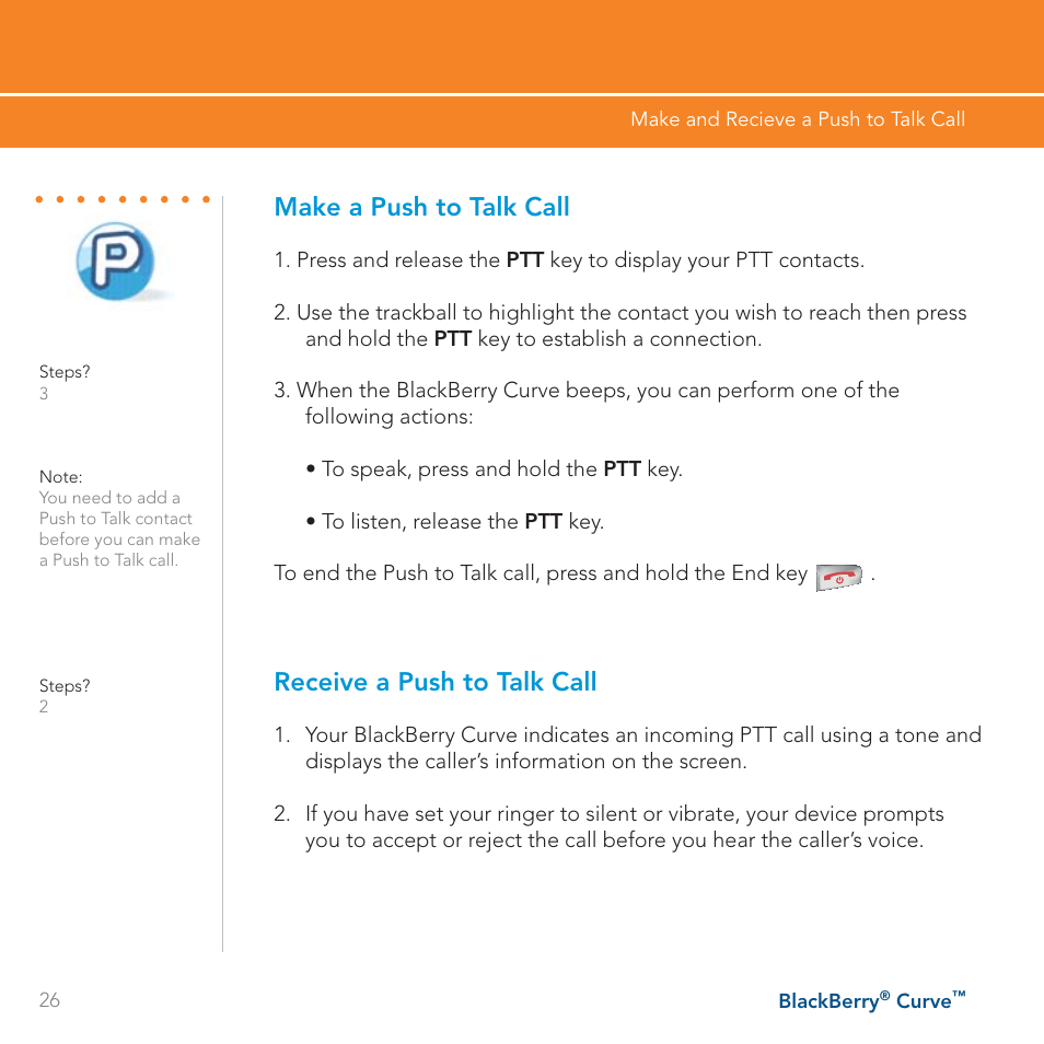 Make a push to talk call, Receive a push to talk call | Blackberry Curve User Manual | Page 26 / 54