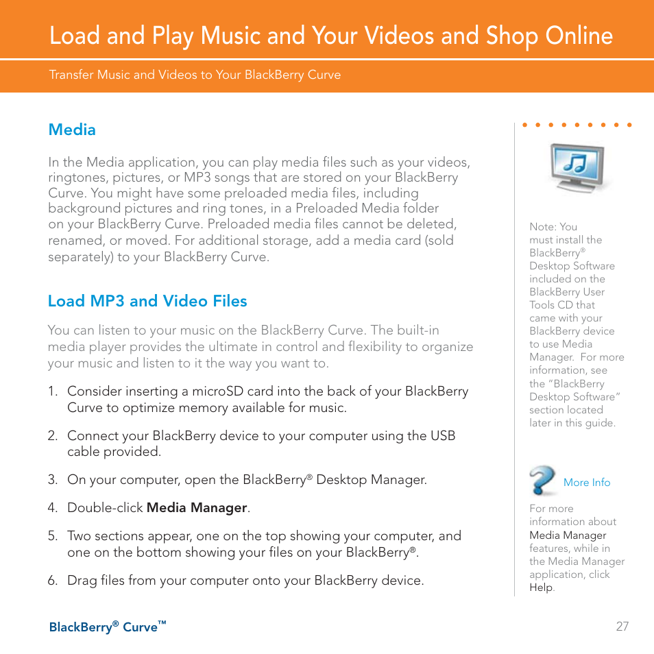 Media, Load mp3 and video files | Blackberry Curve User Manual | Page 27 / 54