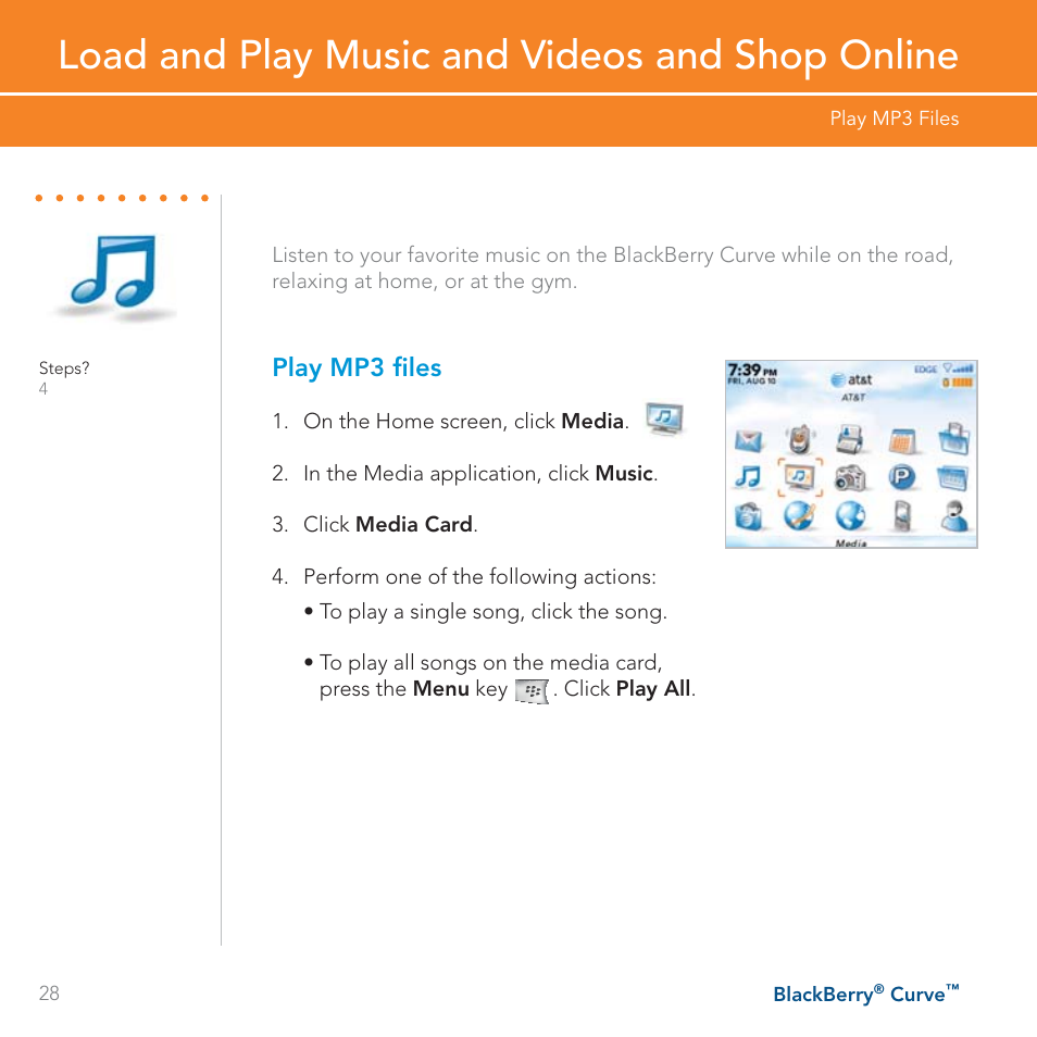 Load and play music and videos and shop online, Play mp3 files | Blackberry Curve User Manual | Page 28 / 54