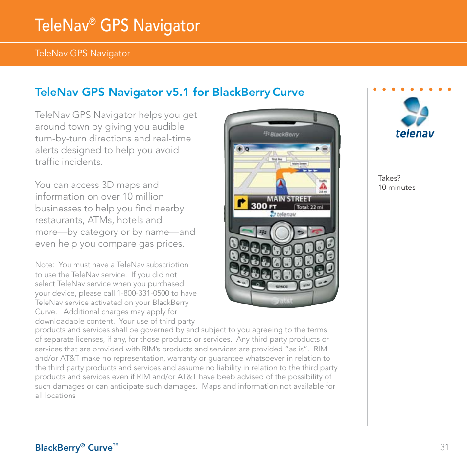 Telenav, Gps navigator, Telenav gps navigator v5.1 for blackberry | Curve | Blackberry Curve User Manual | Page 31 / 54