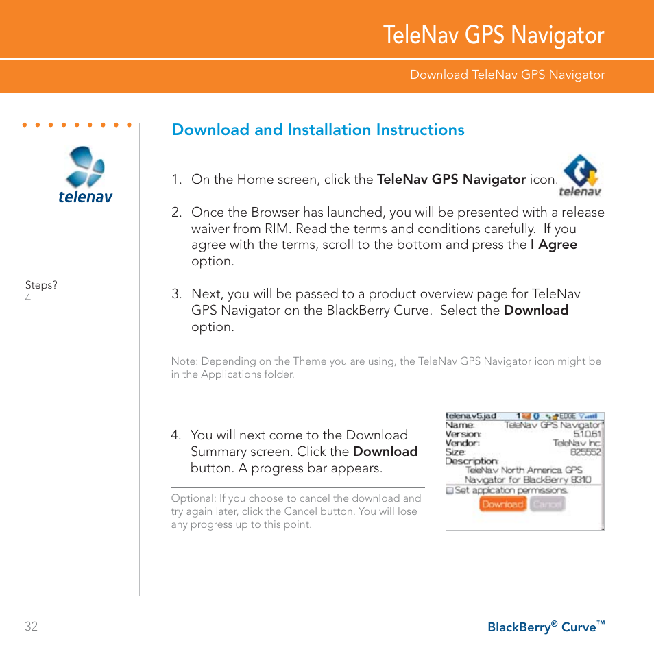 Telenav gps navigator, Download and installation instructions | Blackberry Curve User Manual | Page 32 / 54