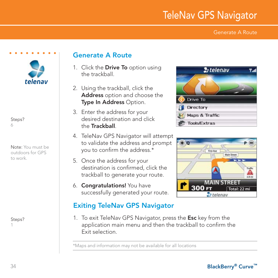 Telenav gps navigator, Generate a route, Exiting telenav gps navigator | Blackberry Curve User Manual | Page 34 / 54