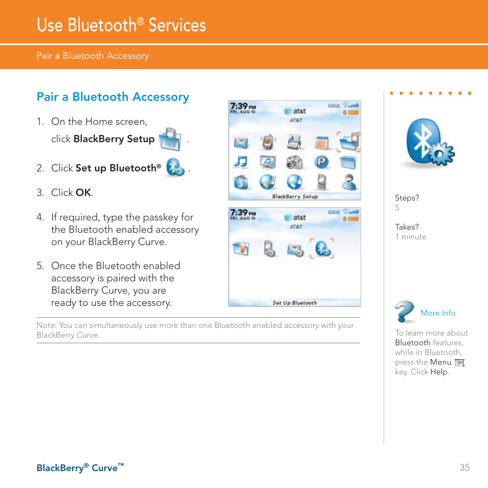 Use bluetooth, Services, Pair a bluetooth accessory | Blackberry Curve User Manual | Page 35 / 54
