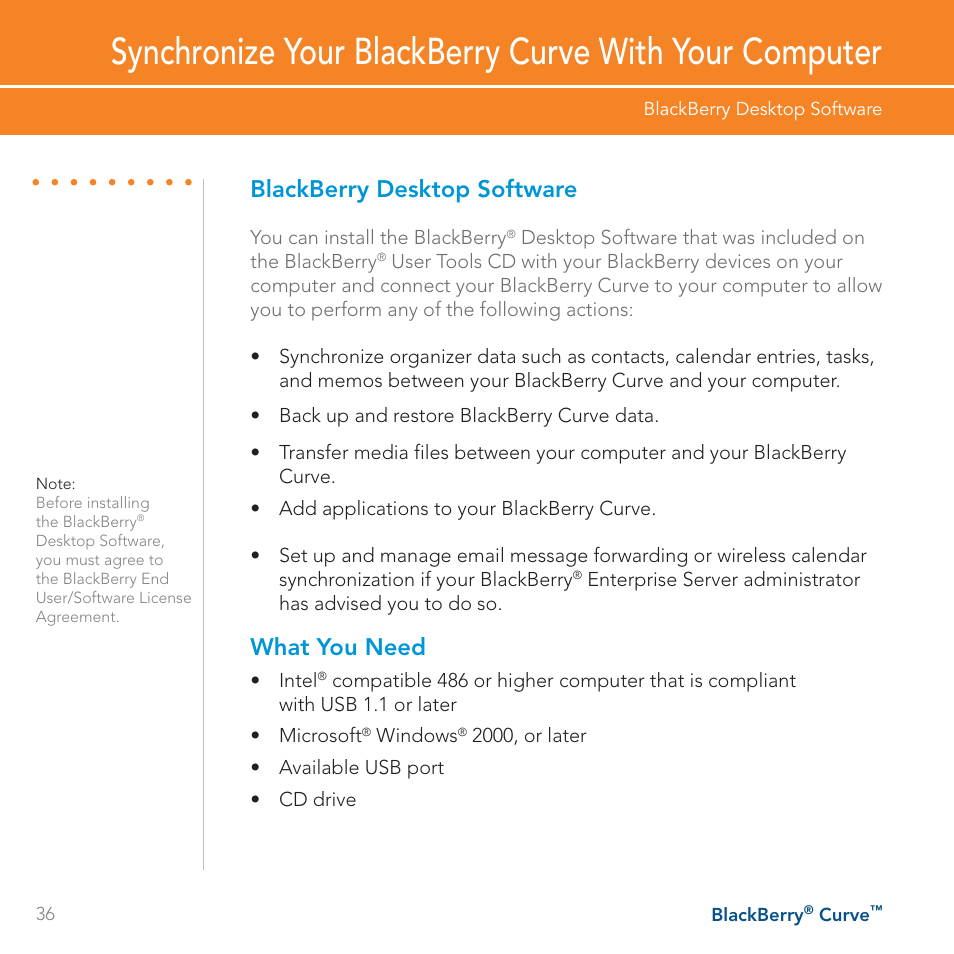 Blackberry desktop software, What you need | Blackberry Curve User Manual | Page 36 / 54