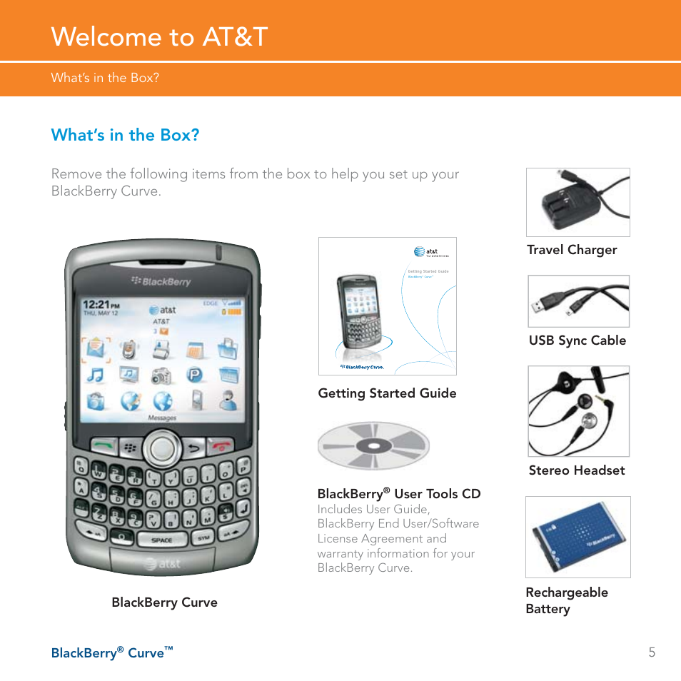 Welcome to at&t, What’s in the box | Blackberry Curve User Manual | Page 5 / 54