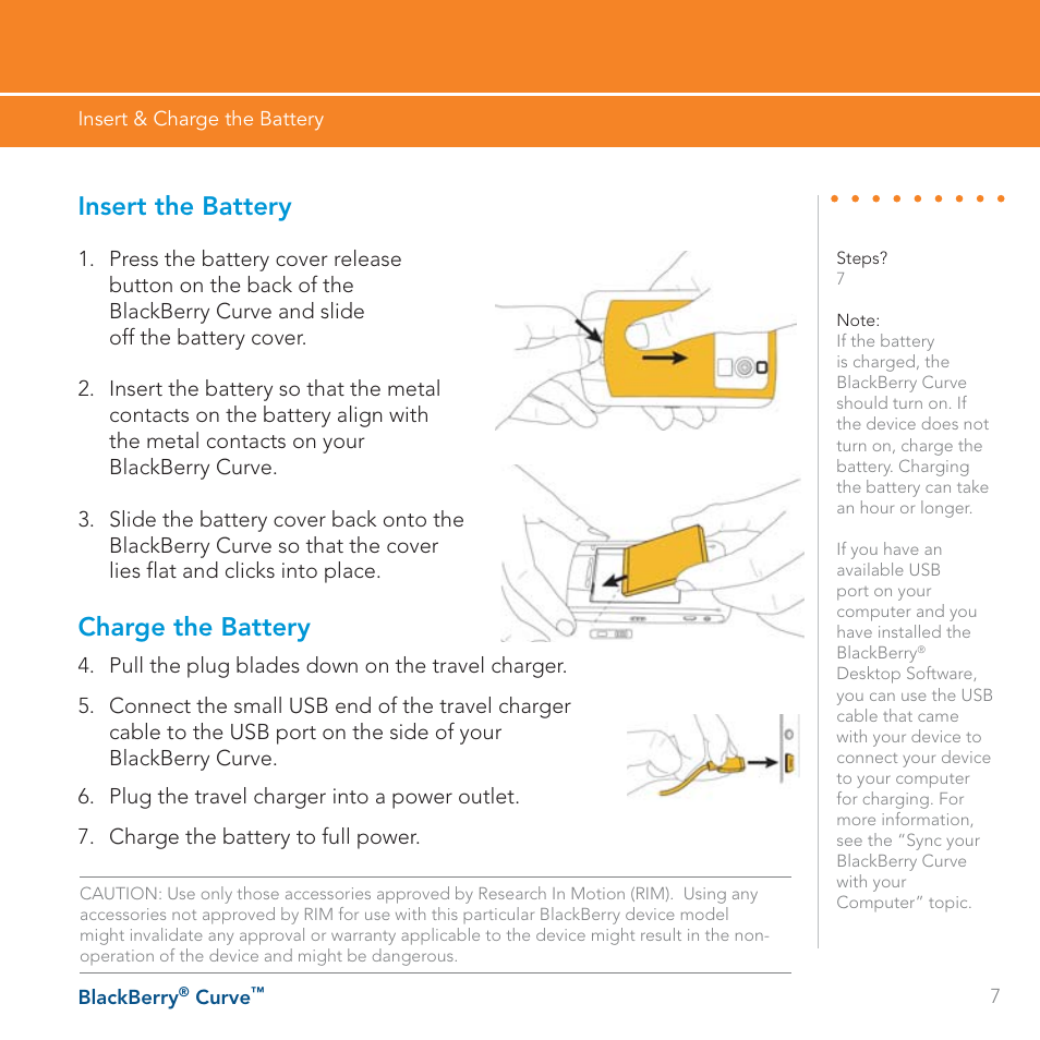 Insert the battery, Charge the battery | Blackberry Curve User Manual | Page 7 / 54