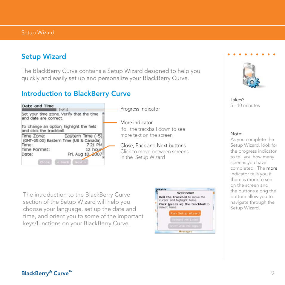Setup wizard, Introduction to blackberry curve | Blackberry Curve User Manual | Page 9 / 54