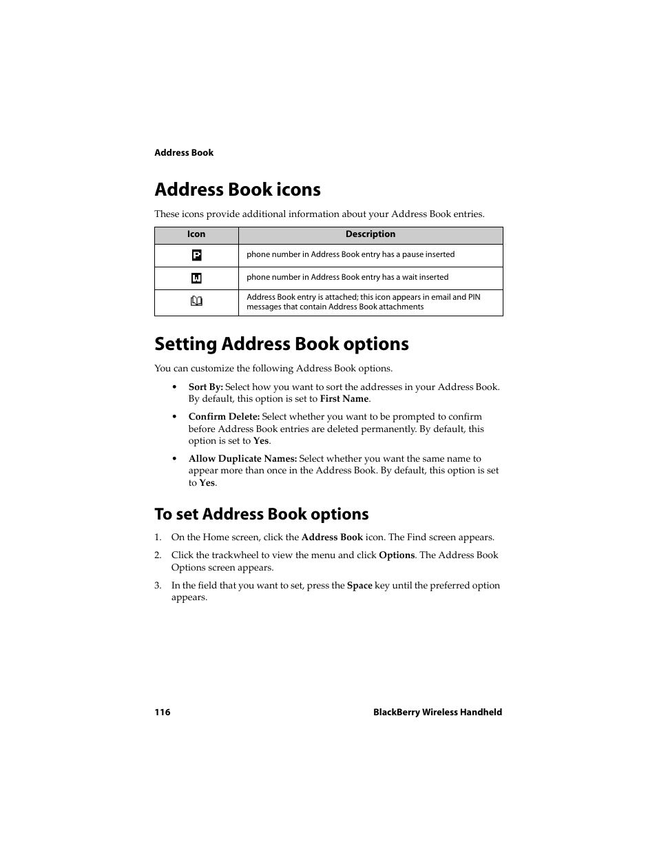 Address book icons, Setting address book options, To set address book options | Address book icons setting address book options | Blackberry 6710 User Manual | Page 116 / 309