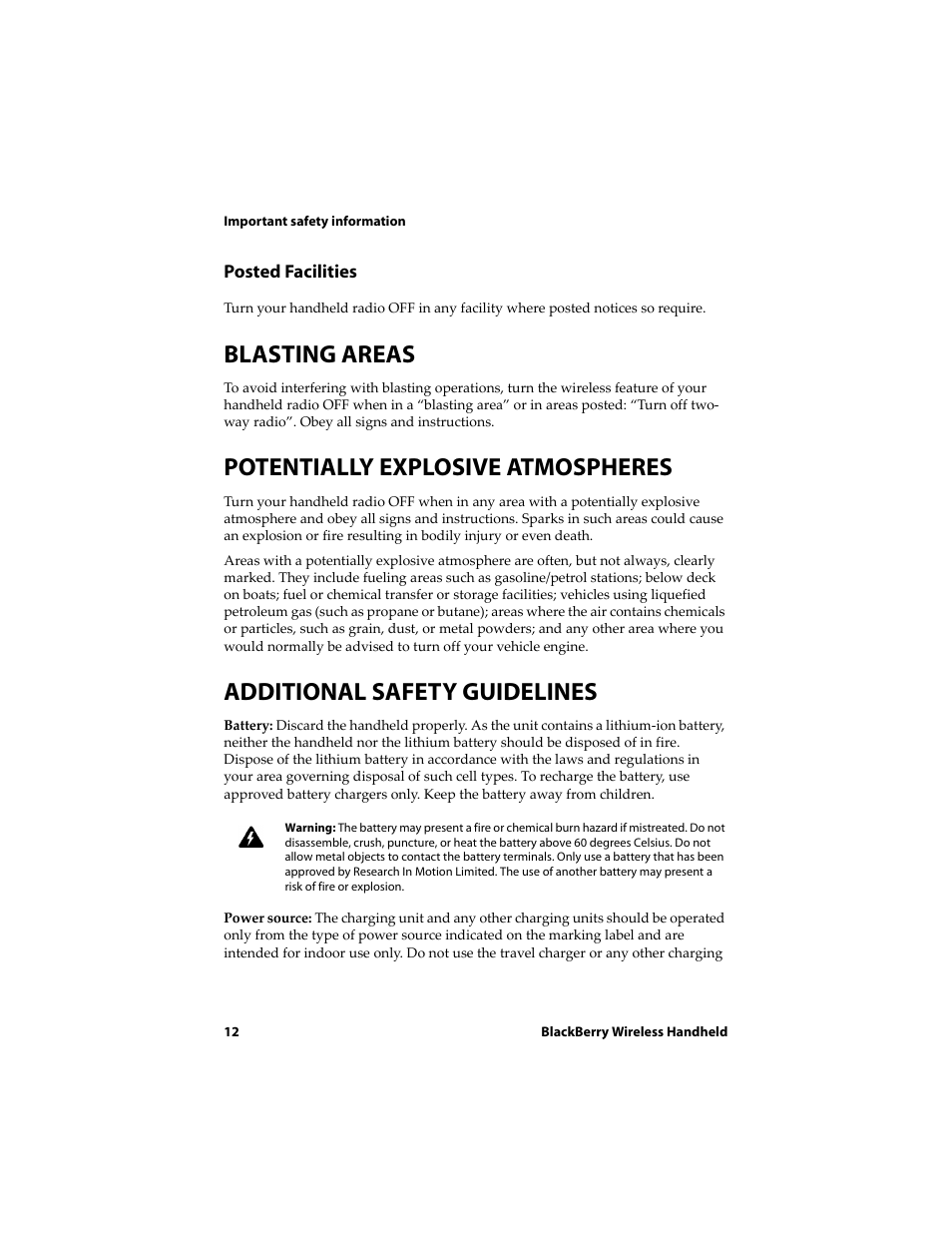 Blasting areas, Potentially explosive atmospheres, Additional safety guidelines | Blackberry 6710 User Manual | Page 12 / 309