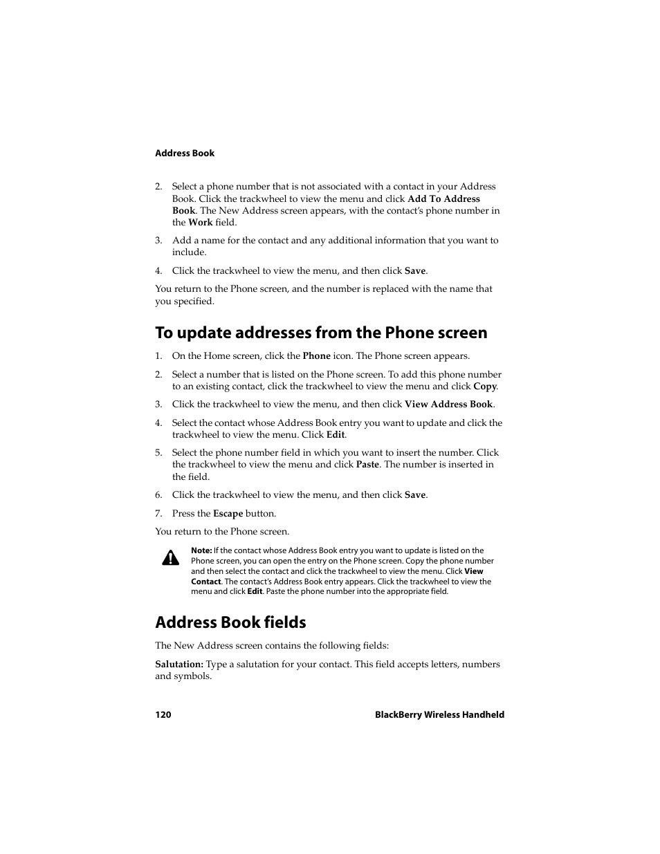 To update addresses from the phone screen, Address book fields | Blackberry 6710 User Manual | Page 120 / 309