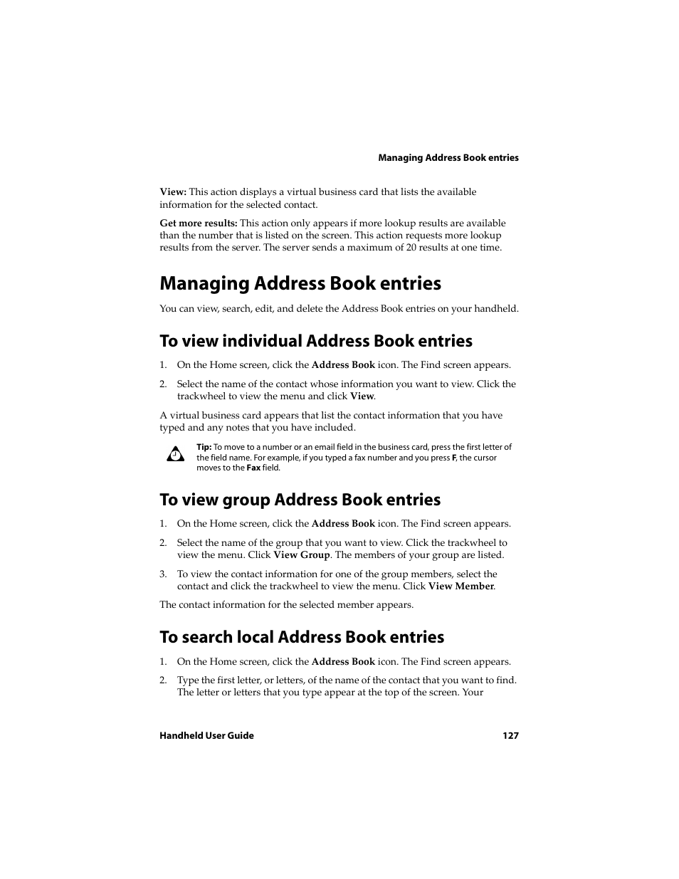 Managing address book entries, To view individual address book entries, To view group address book entries | To search local address book entries | Blackberry 6710 User Manual | Page 127 / 309