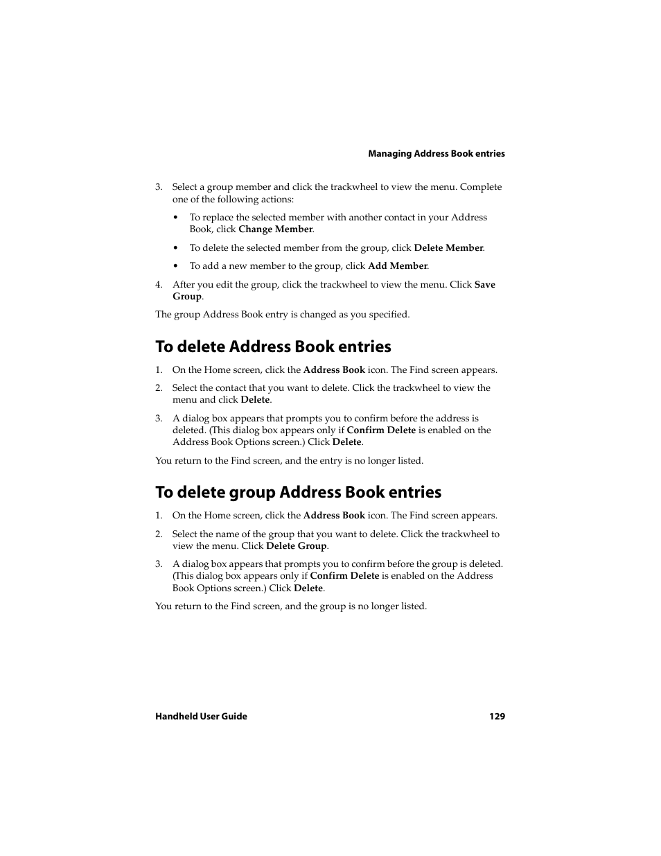 To delete address book entries, To delete group address book entries | Blackberry 6710 User Manual | Page 129 / 309