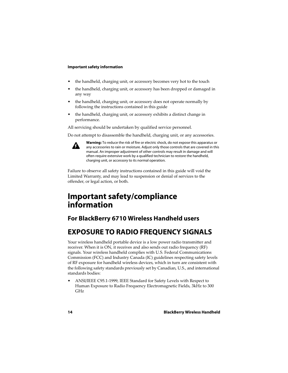 Important safety/compliance information, For blackberry 6710 wireless handheld users, Exposure to radio frequency signals | Blackberry 6710 User Manual | Page 14 / 309