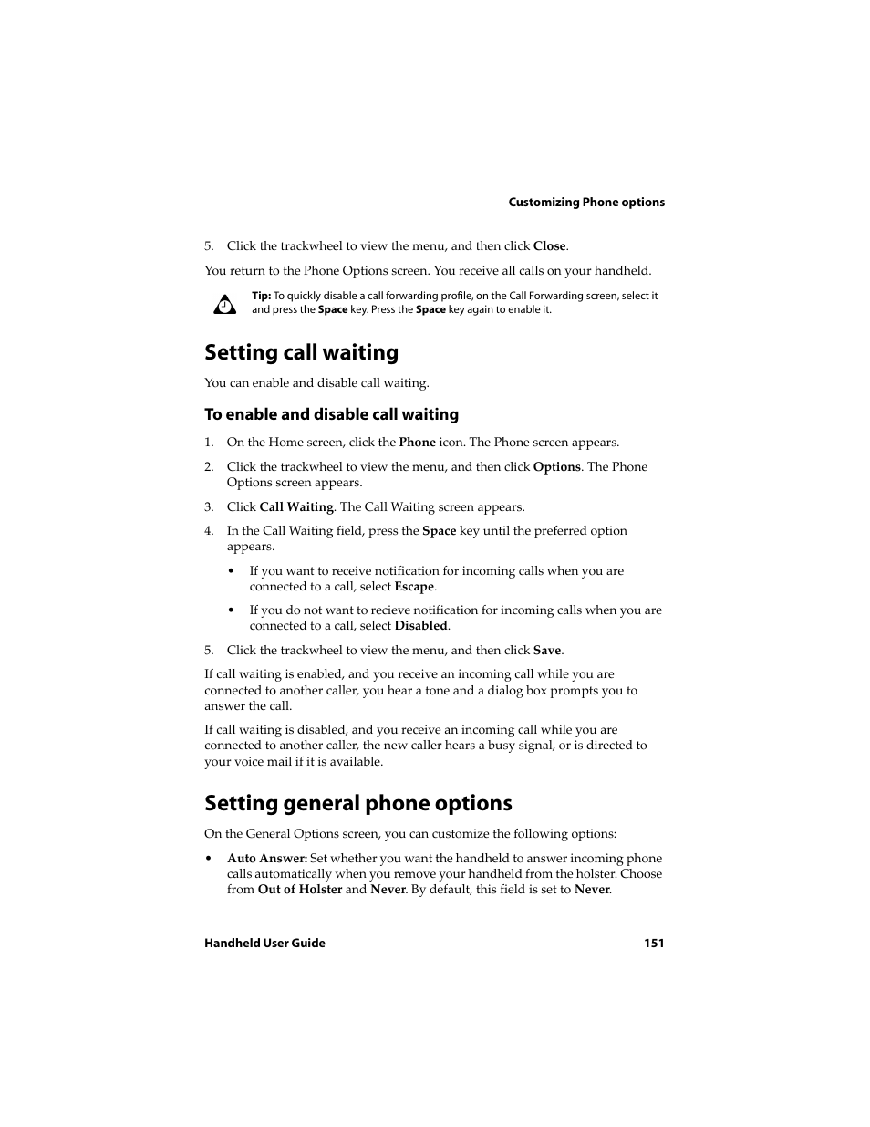 Setting call waiting, Setting general phone options | Blackberry 6710 User Manual | Page 151 / 309