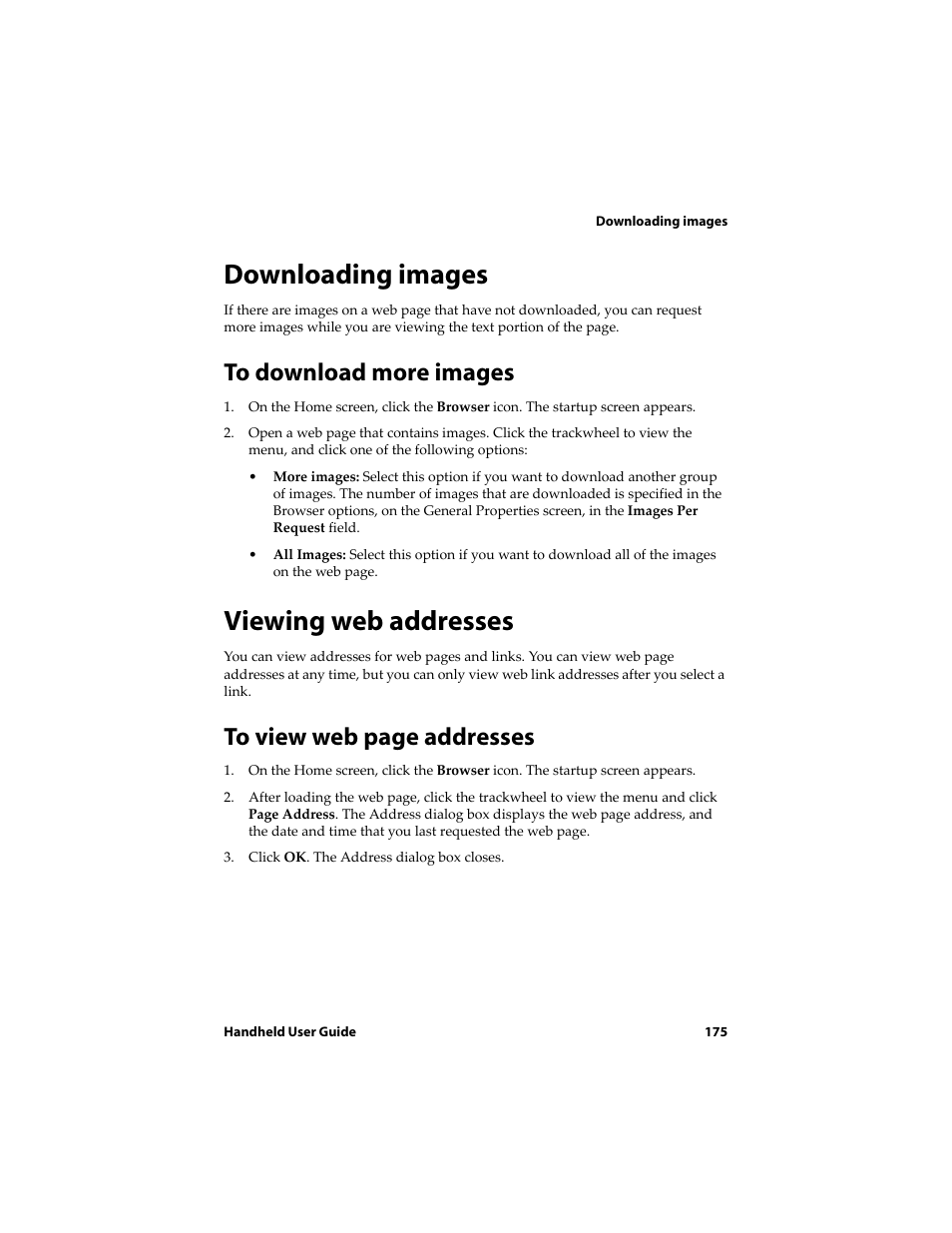 Downloading images, To download more images, Viewing web addresses | Downloading images viewing web addresses | Blackberry 6710 User Manual | Page 175 / 309