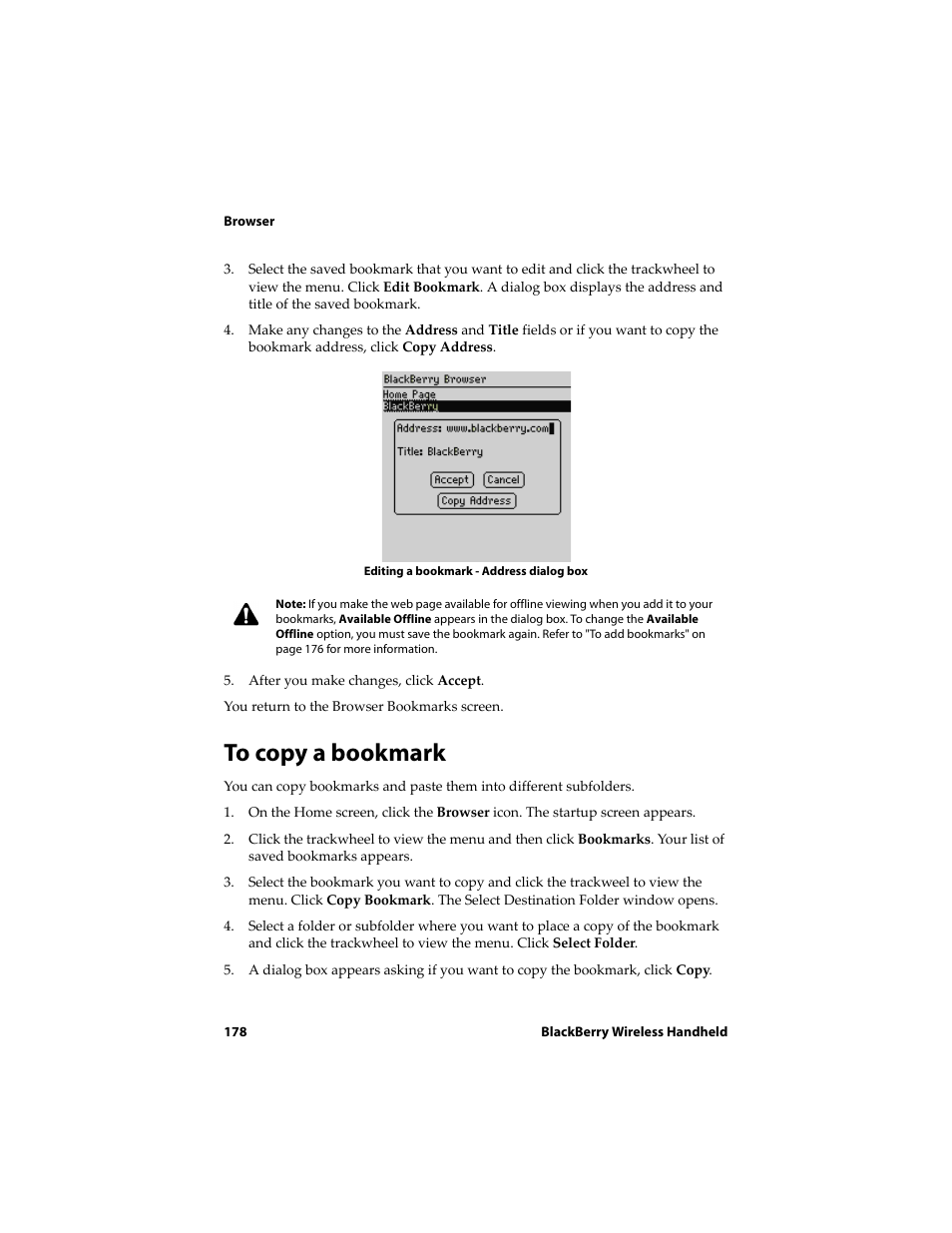 To copy a bookmark | Blackberry 6710 User Manual | Page 178 / 309