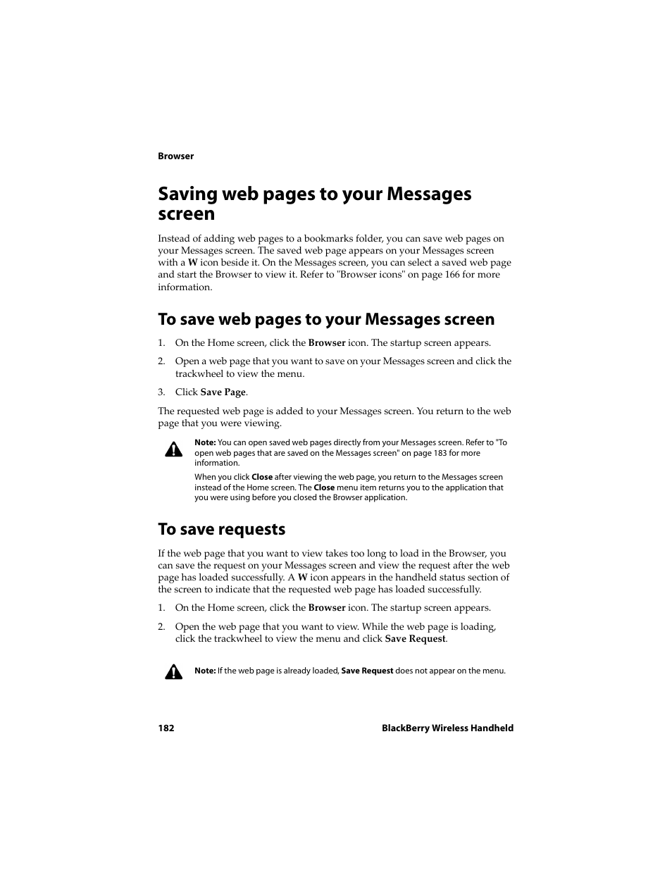 To save requests, Saving web pages to your messages screen | Blackberry 6710 User Manual | Page 182 / 309