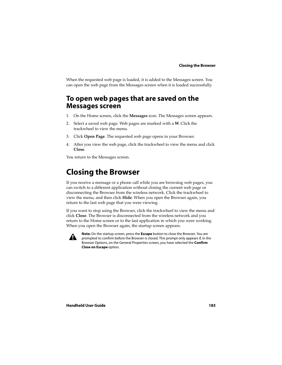 Closing the browser | Blackberry 6710 User Manual | Page 183 / 309