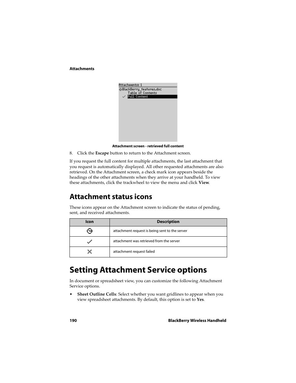 Attachment status icons, Setting attachment service options | Blackberry 6710 User Manual | Page 190 / 309