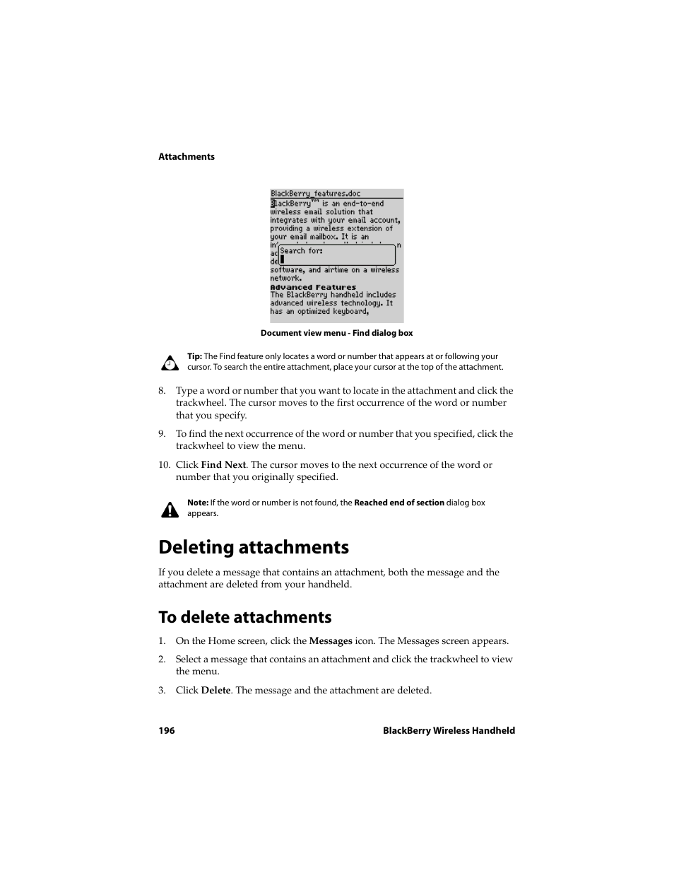 Deleting attachments, To delete attachments | Blackberry 6710 User Manual | Page 196 / 309