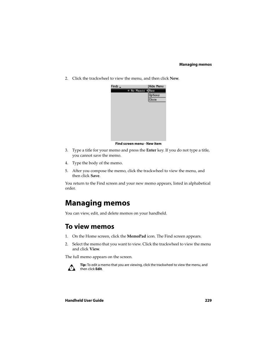 Managing memos, To view memos | Blackberry 6710 User Manual | Page 229 / 309