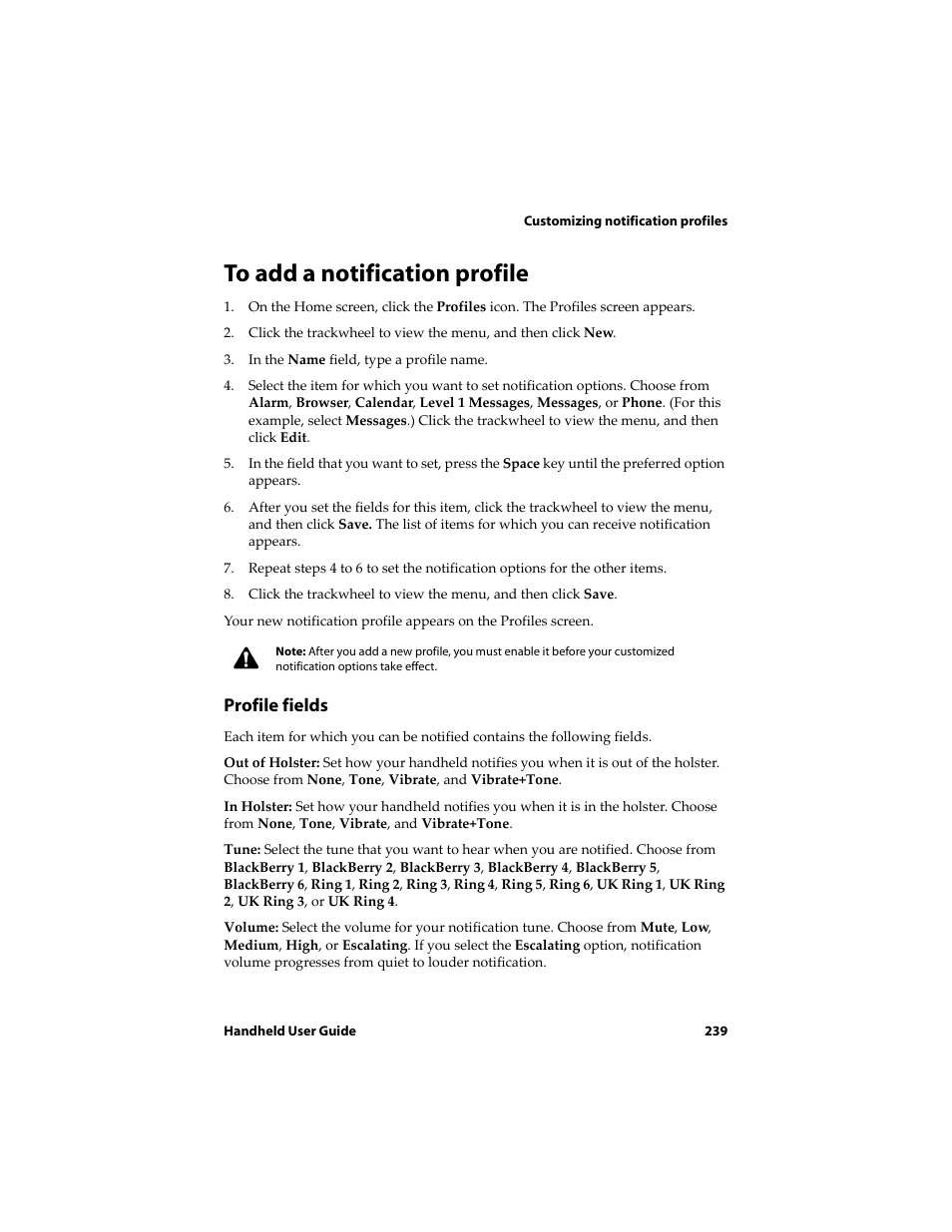 To add a notification profile, Profile fields | Blackberry 6710 User Manual | Page 239 / 309