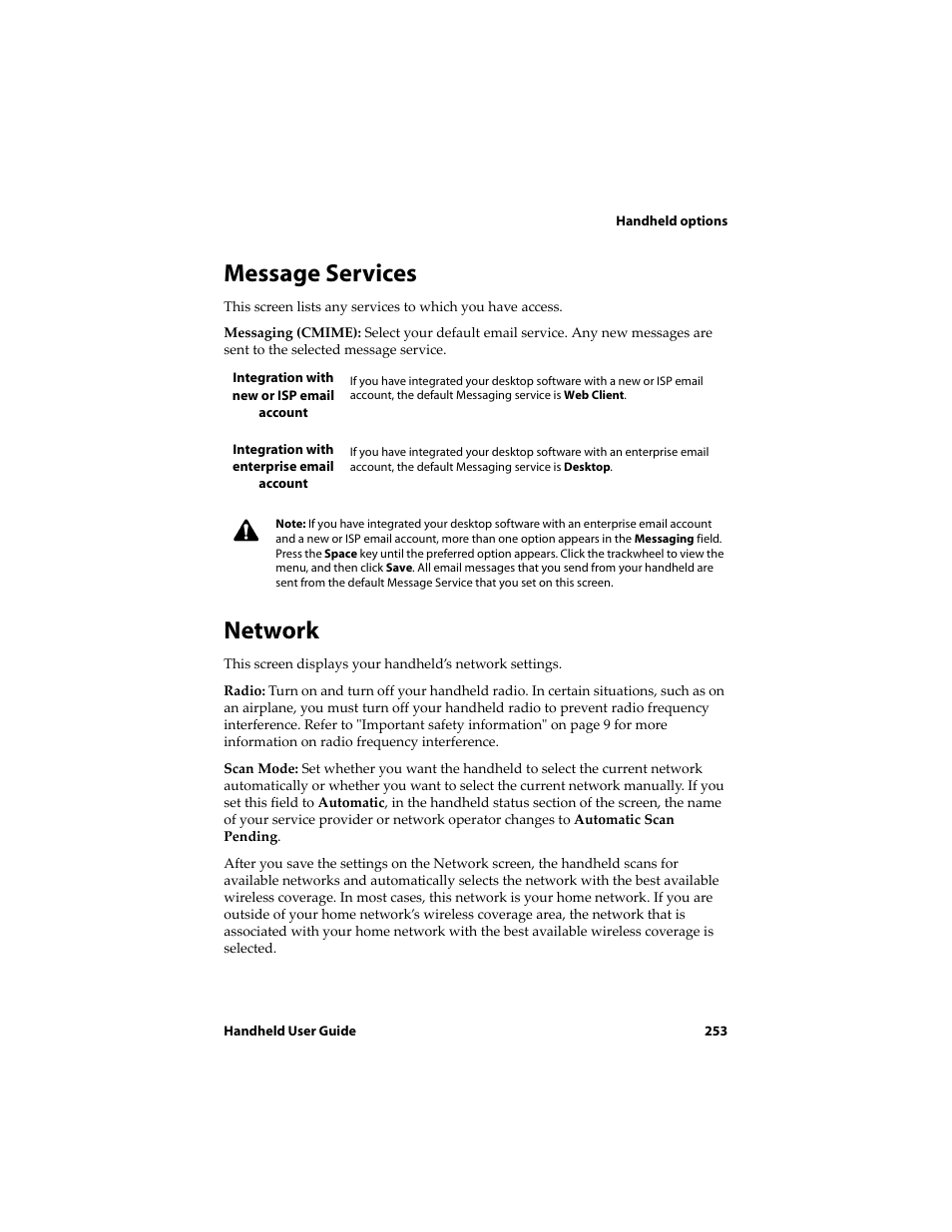 Message services, Network | Blackberry 6710 User Manual | Page 253 / 309