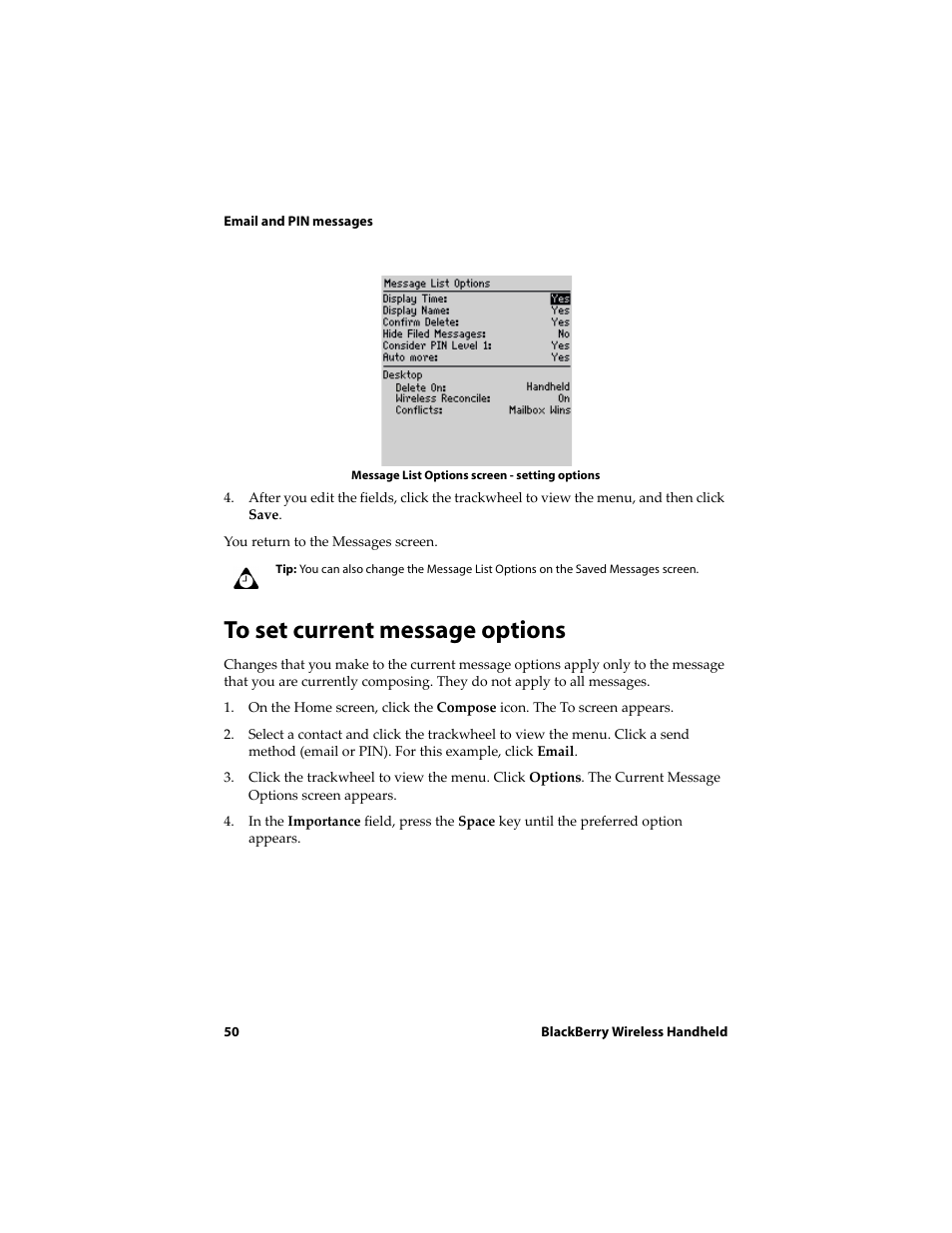 To set current message options | Blackberry 6710 User Manual | Page 50 / 309