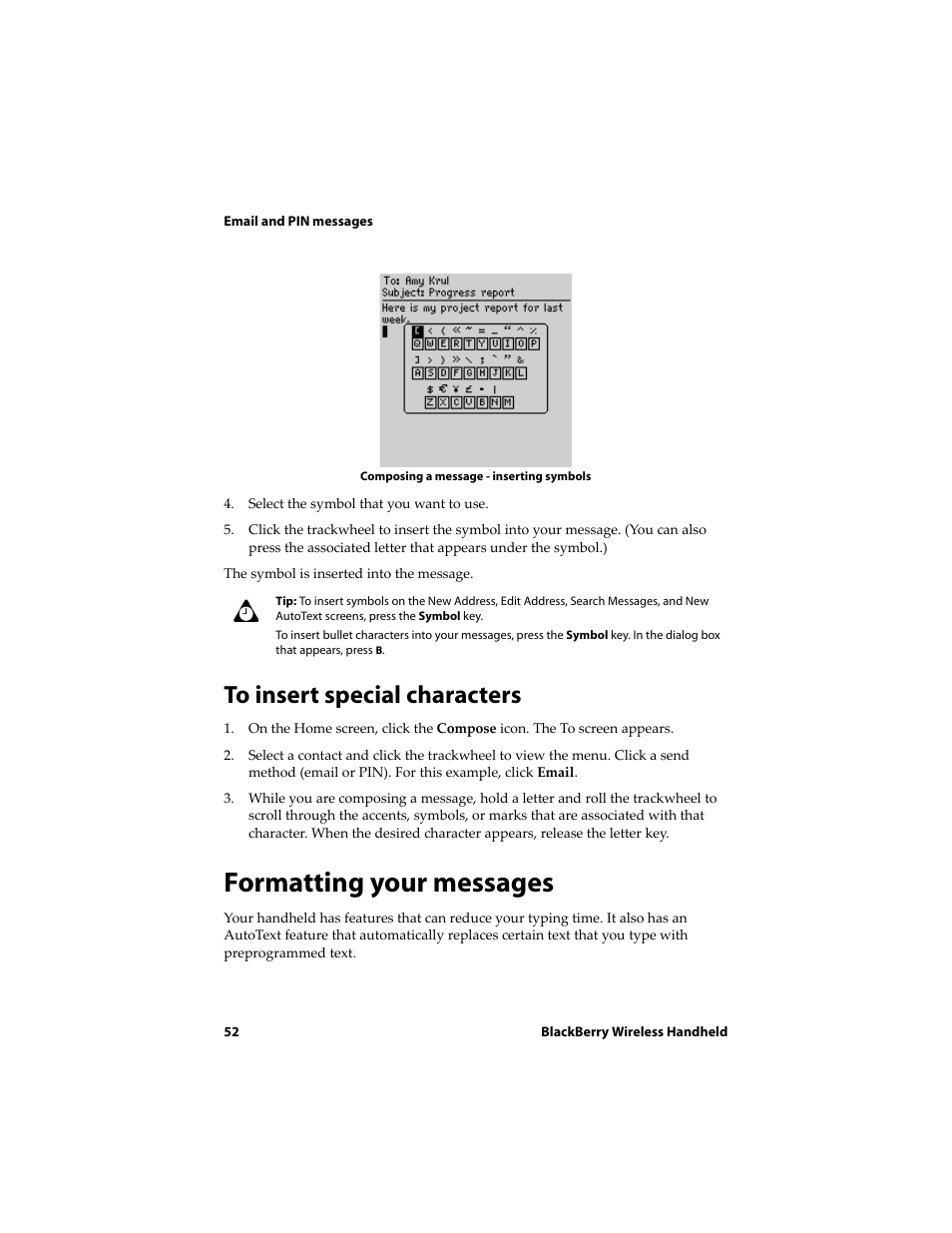 To insert special characters, Formatting your messages | Blackberry 6710 User Manual | Page 52 / 309