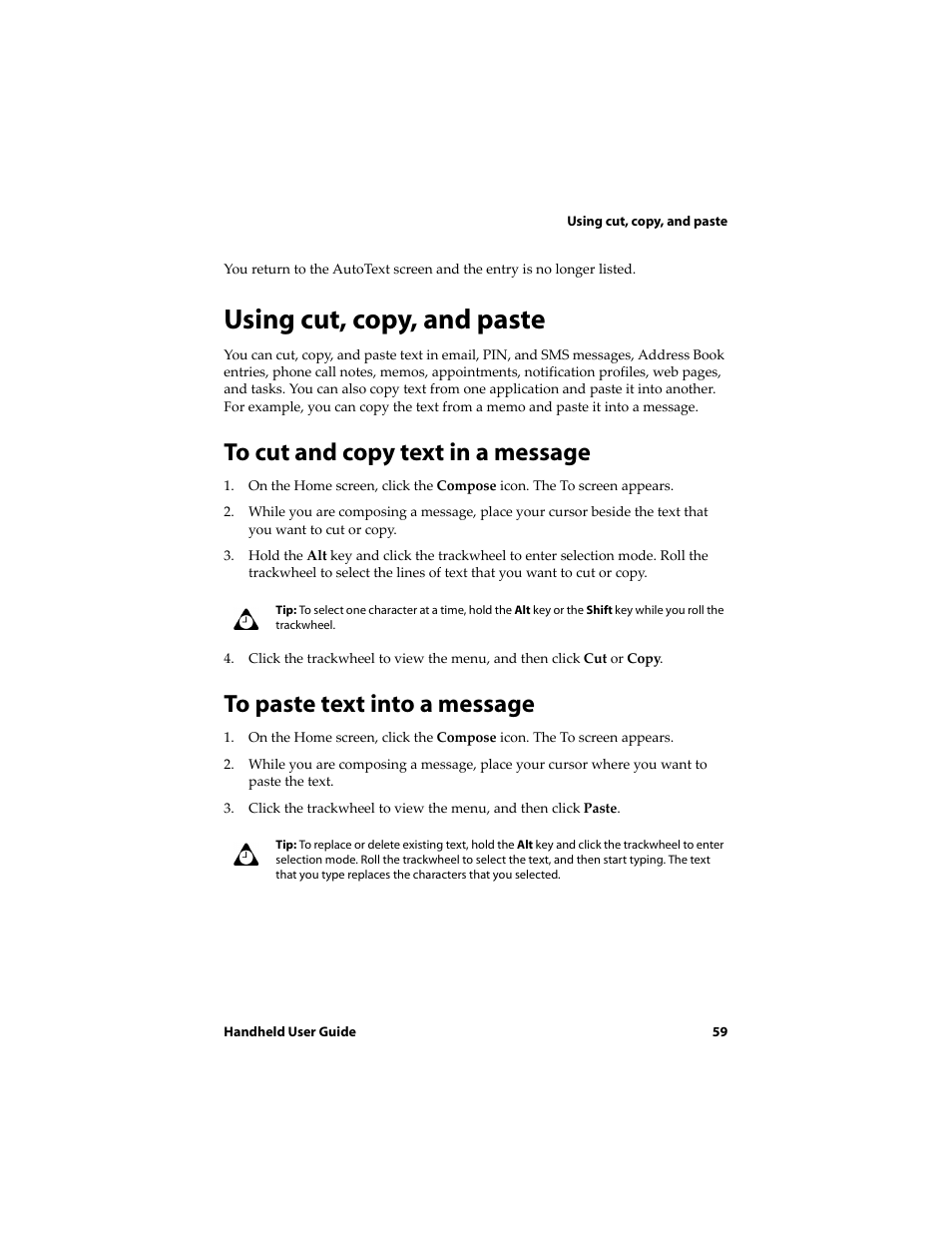 Using cut, copy, and paste, To cut and copy text in a message, To paste text into a message | Blackberry 6710 User Manual | Page 59 / 309