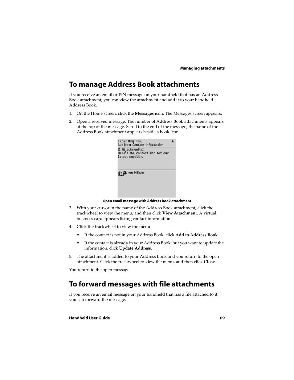 To manage address book attachments, To forward messages with file attachments | Blackberry 6710 User Manual | Page 69 / 309