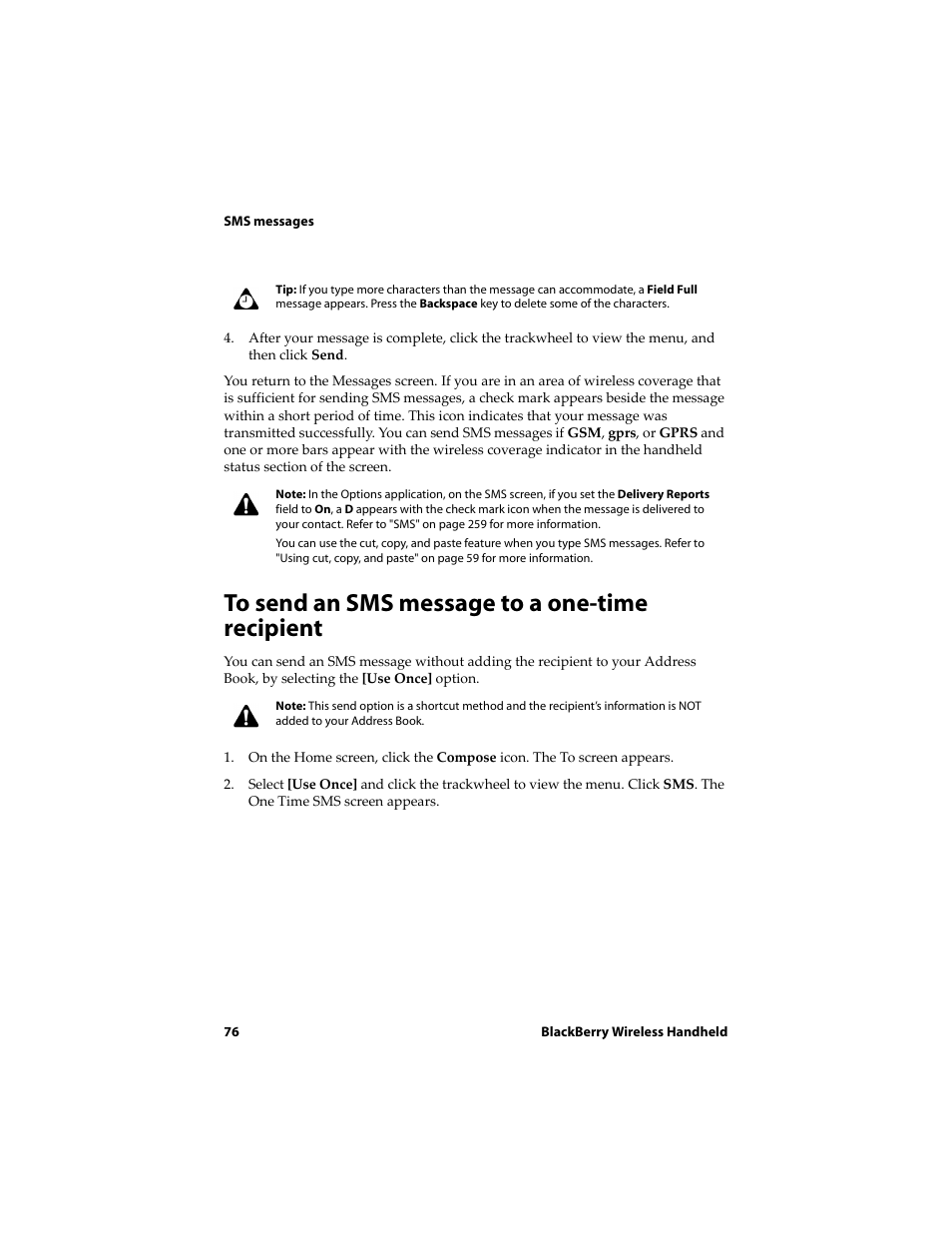 To send an sms message to a one-time recipient | Blackberry 6710 User Manual | Page 76 / 309