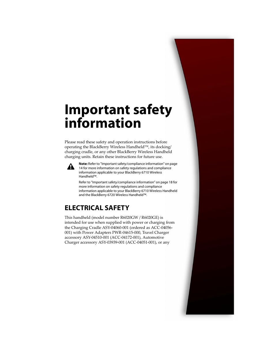 Important safety information, Electrical safety | Blackberry 6710 User Manual | Page 9 / 309
