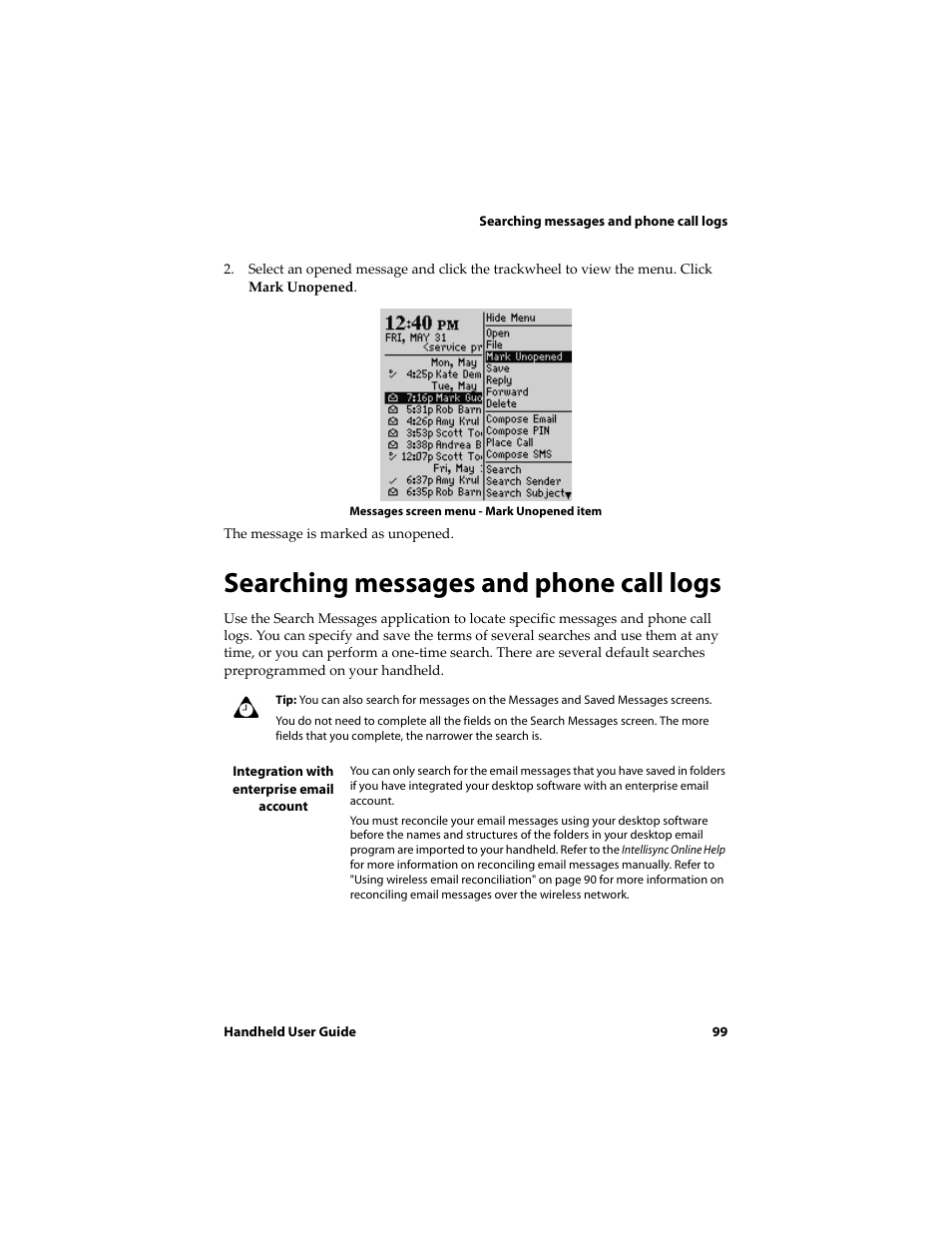 Searching messages and phone call logs | Blackberry 6710 User Manual | Page 99 / 309