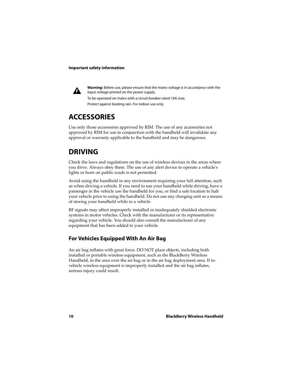 Accessories, Driving, For vehicles equipped with an air bag | Blackberry 6720 User Manual | Page 10 / 277