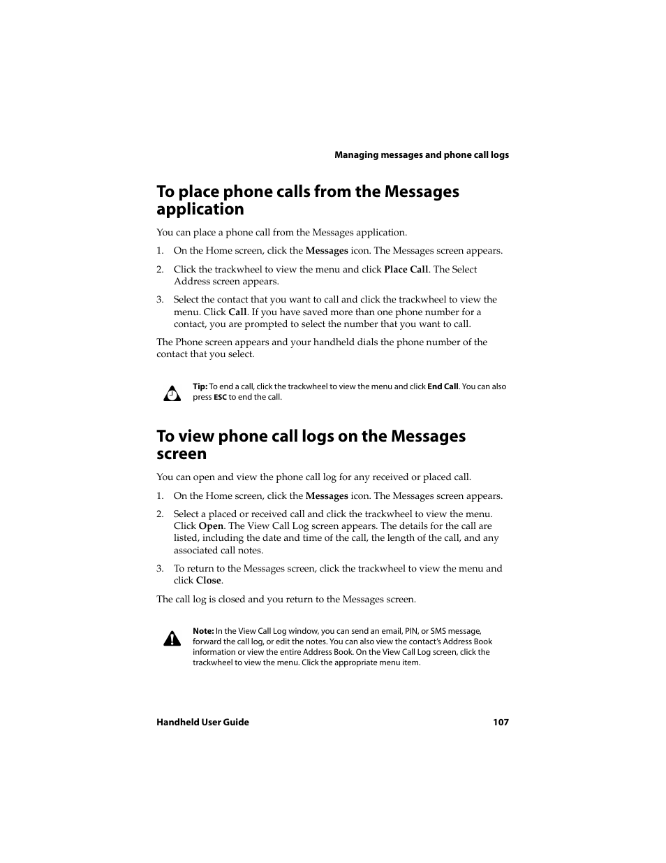 To place phone calls from the messages application, To view phone call logs on the messages screen | Blackberry 6720 User Manual | Page 107 / 277