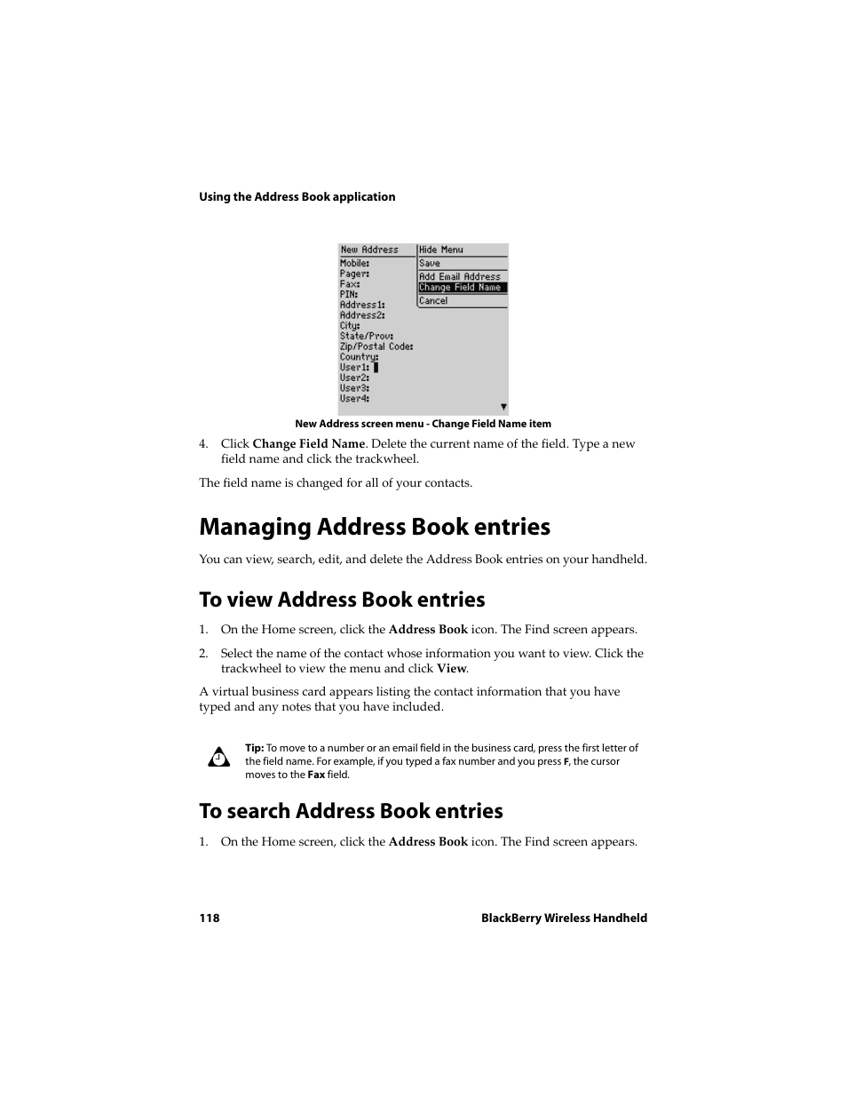 Managing address book entries, To view address book entries, To search address book entries | Blackberry 6720 User Manual | Page 118 / 277