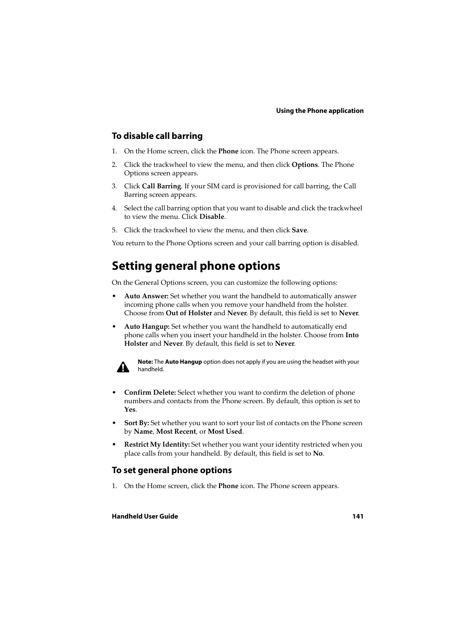 To disable call barring, Setting general phone options, To set general phone options | Blackberry 6720 User Manual | Page 141 / 277