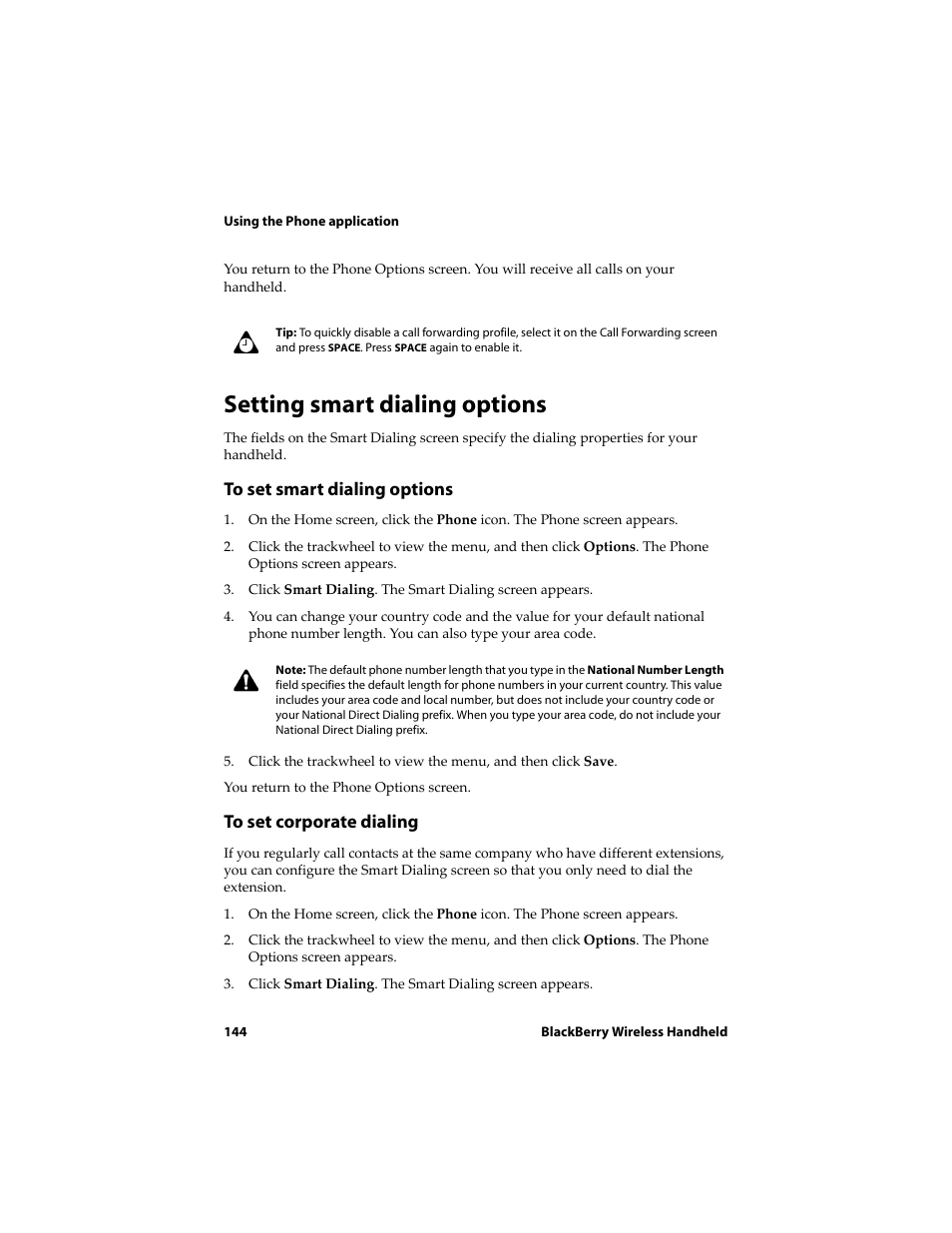 Setting smart dialing options, To set smart dialing options, To set corporate dialing | Blackberry 6720 User Manual | Page 144 / 277