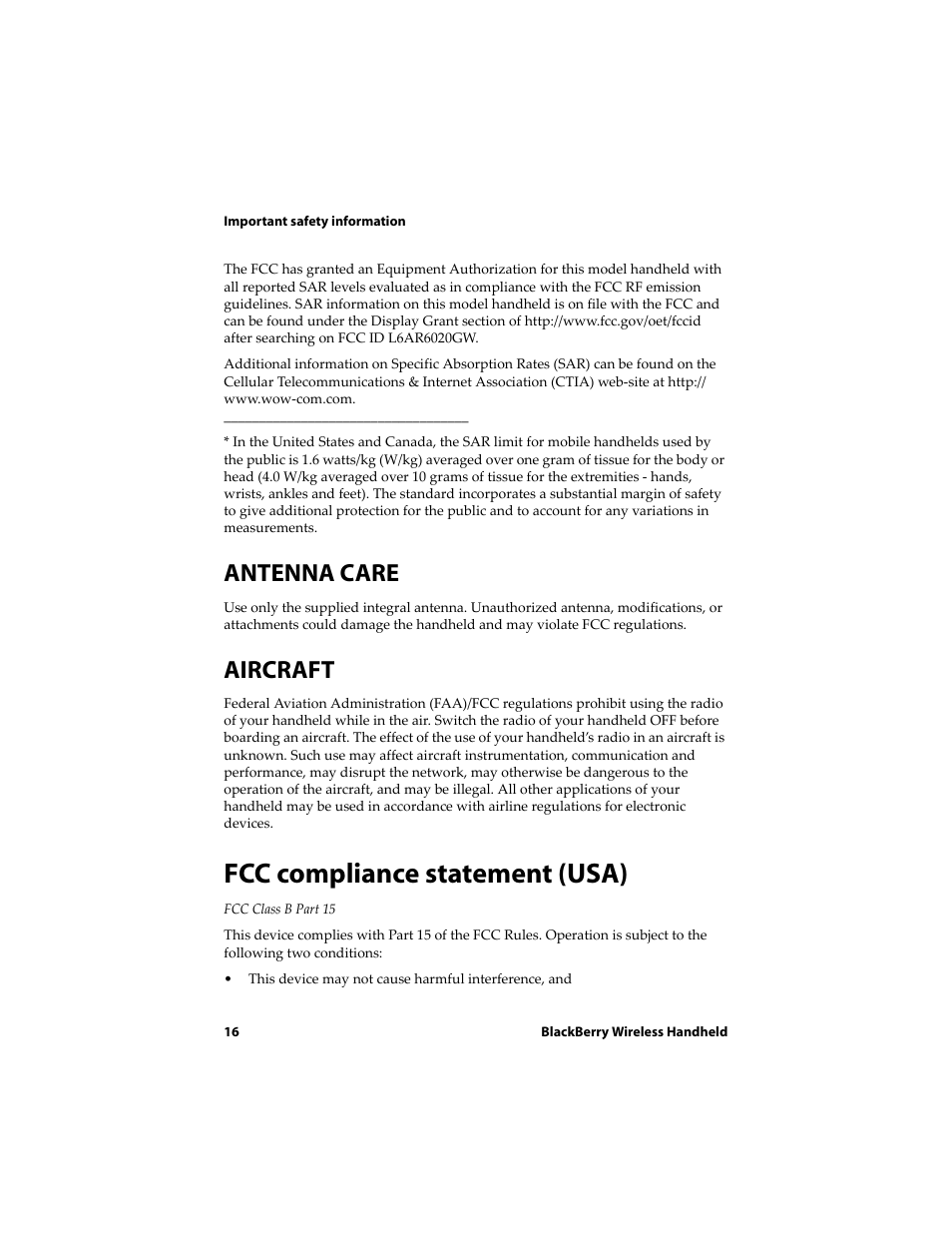 Antenna care, Aircraft, Fcc compliance statement (usa) | Blackberry 6720 User Manual | Page 16 / 277