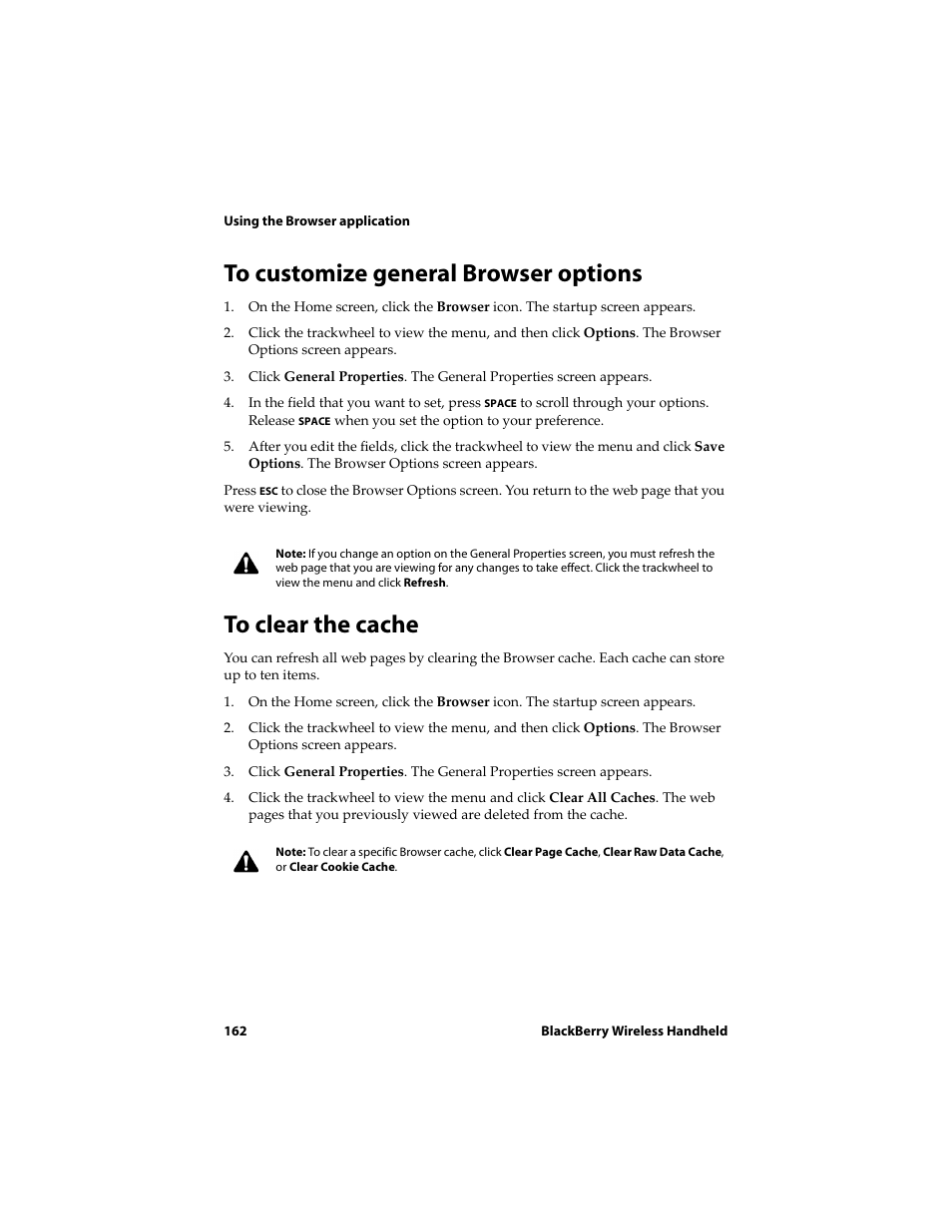 To customize general browser options, To clear the cache | Blackberry 6720 User Manual | Page 162 / 277