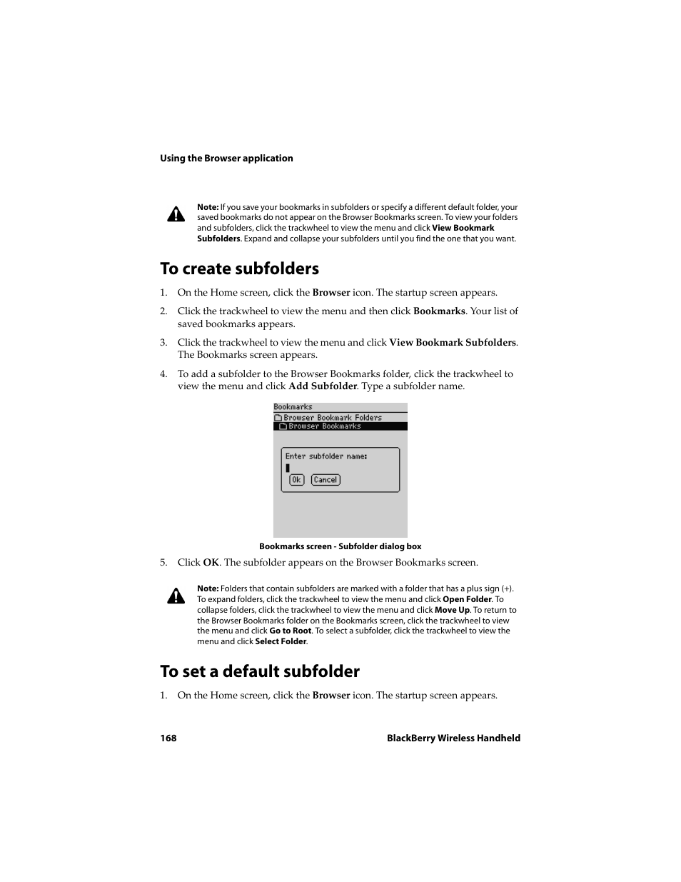 To create subfolders, To set a default subfolder | Blackberry 6720 User Manual | Page 168 / 277