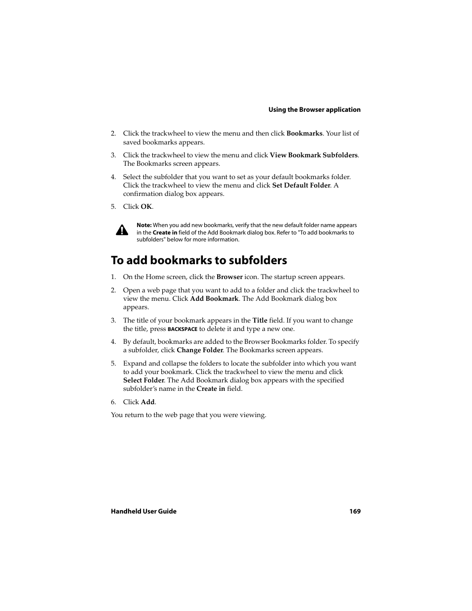 To add bookmarks to subfolders | Blackberry 6720 User Manual | Page 169 / 277