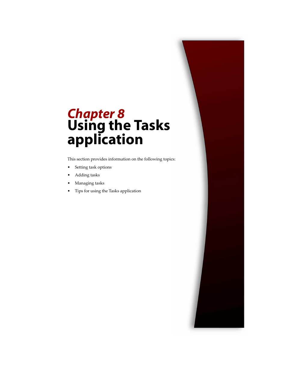 Using the tasks application, The “using the tasks application” chapte, Chapter 8 | Blackberry 6720 User Manual | Page 175 / 277