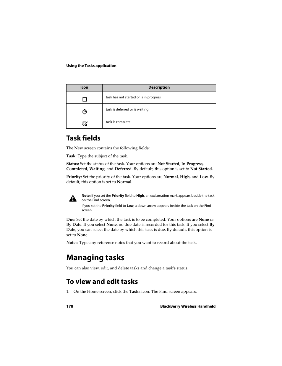 Task fields, Managing tasks, To view and edit tasks | Blackberry 6720 User Manual | Page 178 / 277